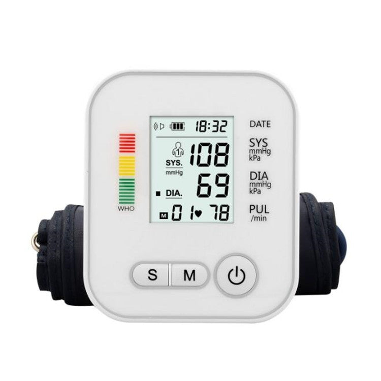 Automatic upper-arm blood pressure monitor with white case, dark cuff, and LCD readings