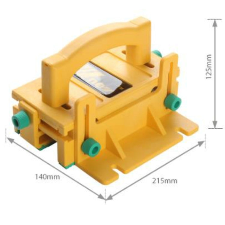 Yellow push handle table saw guard with size markings: 140mm x 215mm x 125mm