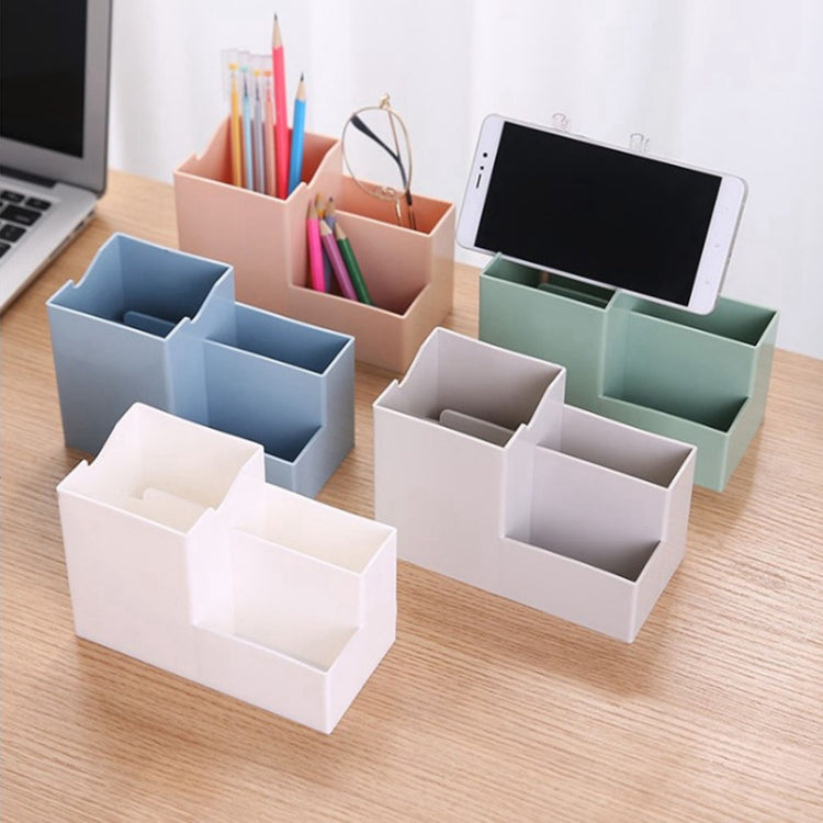 Plastic desktop storage set with divided pencil holders and phone-sized slots