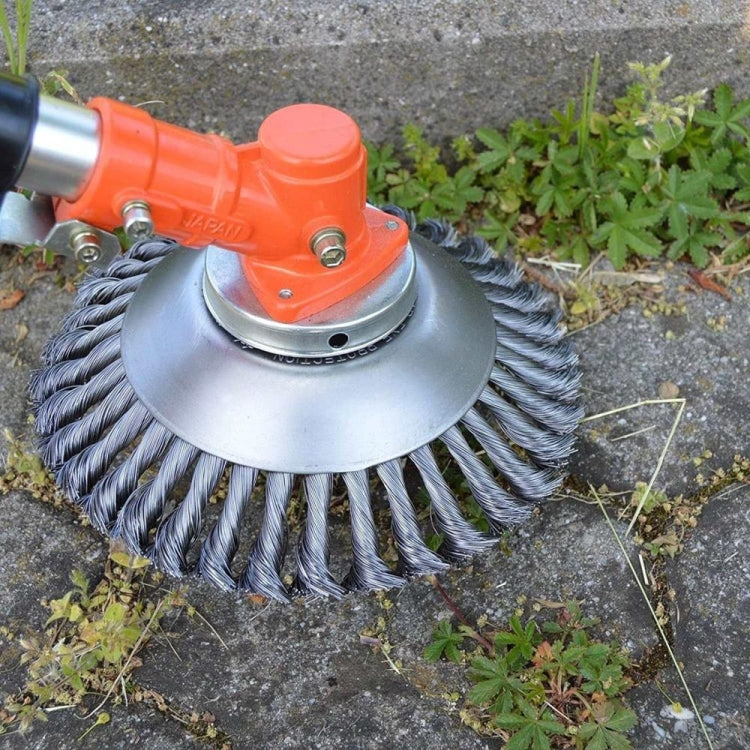 Steel wire grass cutting brush head with round metal base and dense rotating bristles