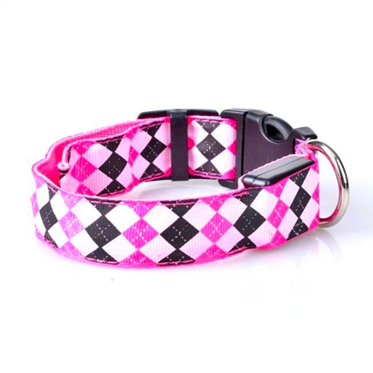 Pink plaid LED dog collar with black light module, metal D-ring, and red glow
