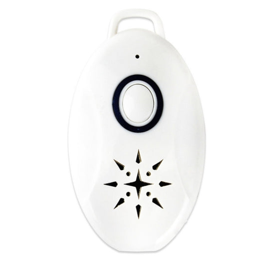 Mini portable ultrasonic insect repellent, white oval device with circular switch and star pattern