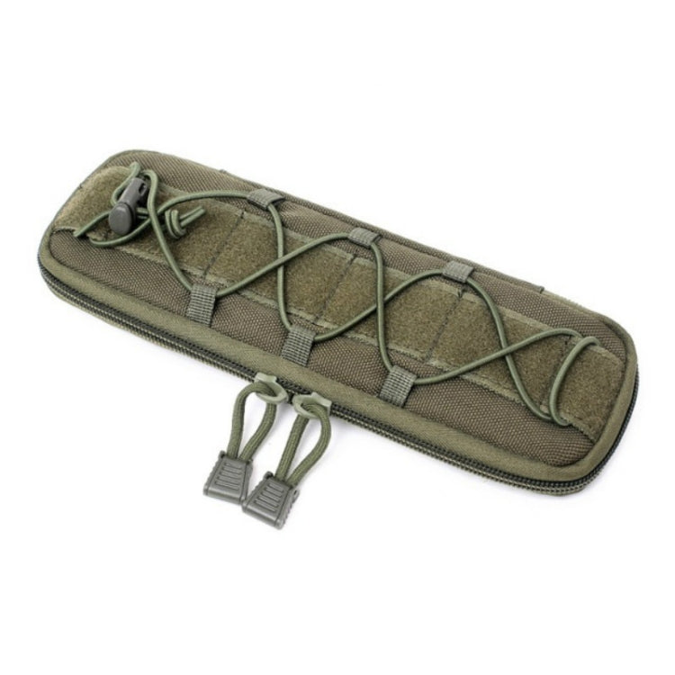 Olive green zippered organizer pouch with elastic cord lacing and two hanging loops