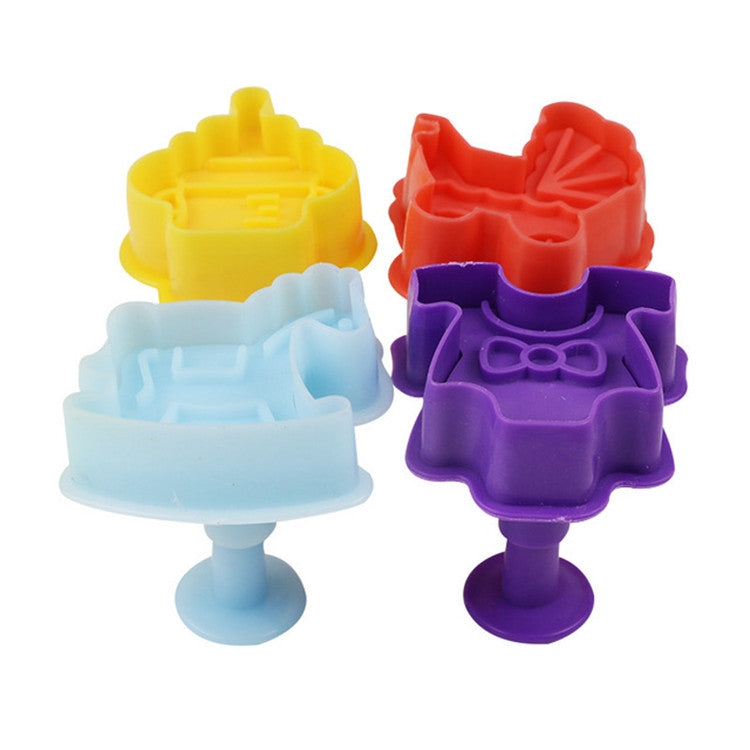 4-in-1 3D baby pressing mold set with four colorful baby-themed shapes on stems