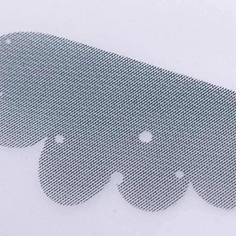 Close-up of white storage bag fabric with blue cloud motif and breathable dot texture