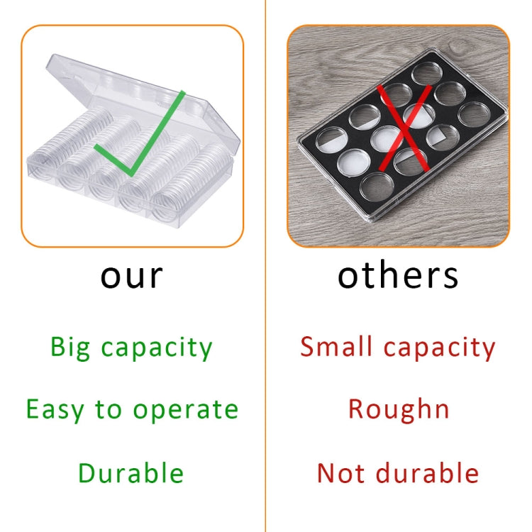 Clear plastic coin capsule storage case with capacity comparison illustration panels