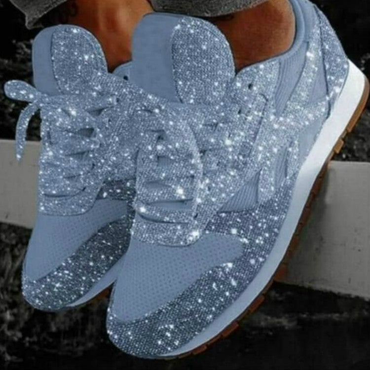 Light blue sequined platform sports shoes with white sole, lace-up knit upper