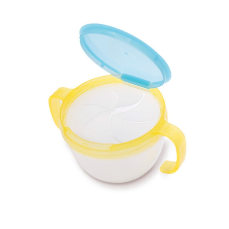 Yellow-handled baby snack cup with blue anti-sprinkle lid, open bowl