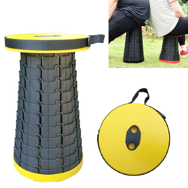 Yellow and black folding telescopic plastic stool with round seat lid and carry handle