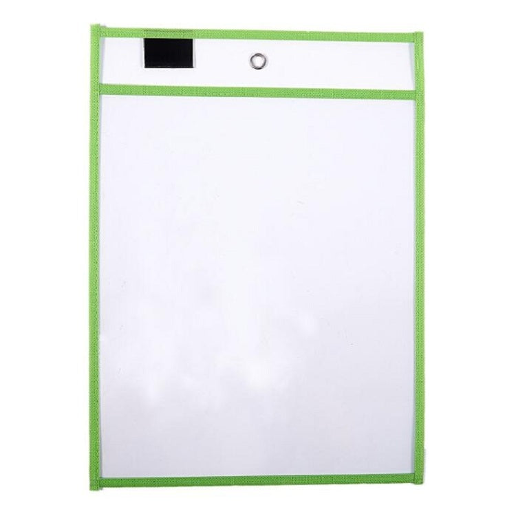 Green hanging PVC A4 transparent dry-erase document bag, top hole and black label strip