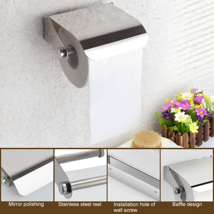 Stainless steel wall-mounted tissue roll holder mounted on bathroom wall