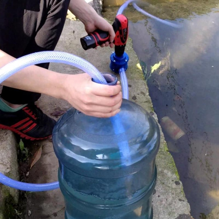 Drill-powered water pump pumping through hose into a large container