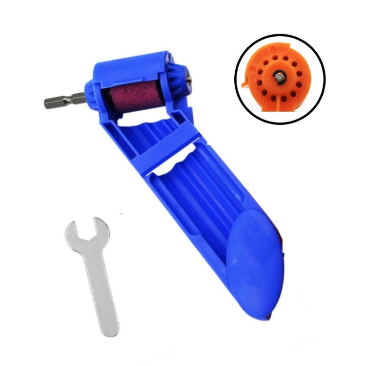 Blue portable drill bit grinder with wrench; inset shows a round grinding wheel.