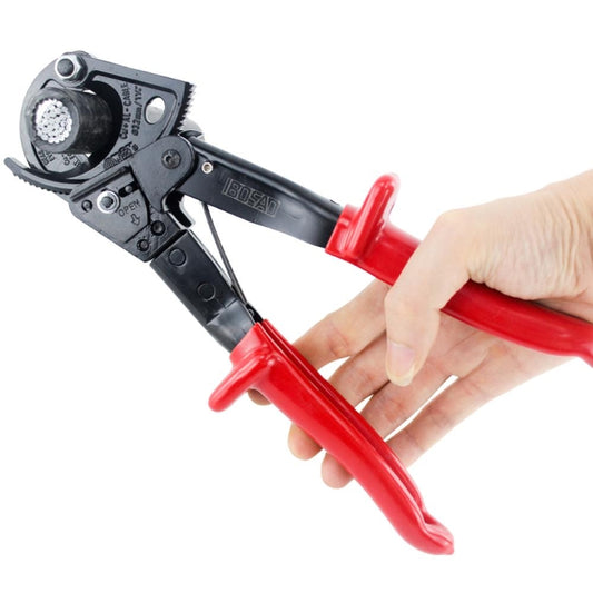 Red and black ratchet cable cutter pliers with curved cutting head and trigger