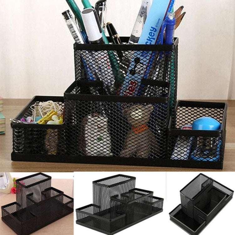 Black metal mesh desk pencil holder organizer with three tiers holding office pens and markers