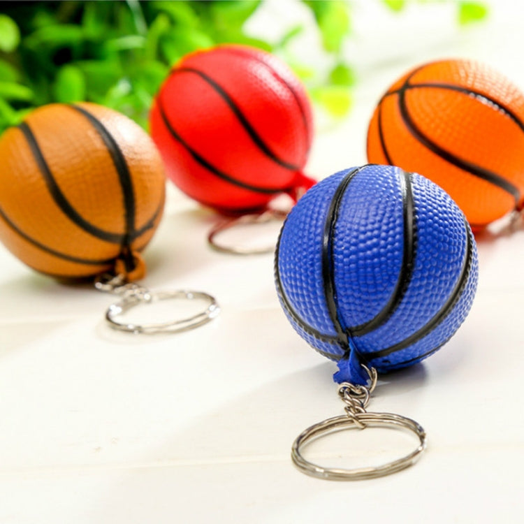 Mini plastic basketball keychain, blue basketball with black lines and metal keyring