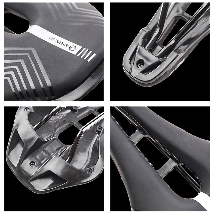 Bicycle saddle detail views: vent channel, metal mounting rails, and side supports