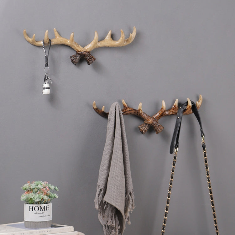 Resin antler wall hanger set with two hooks for coats, chains, and towel