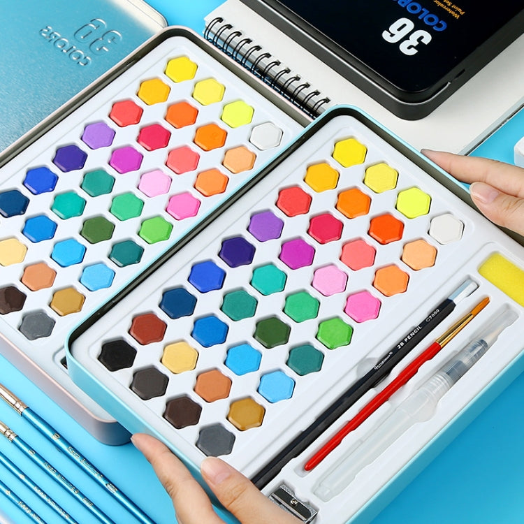 36 in 1 Solid Watercolor Paint Portable Tin Box Beginner Hand-painted Painting Tool Set