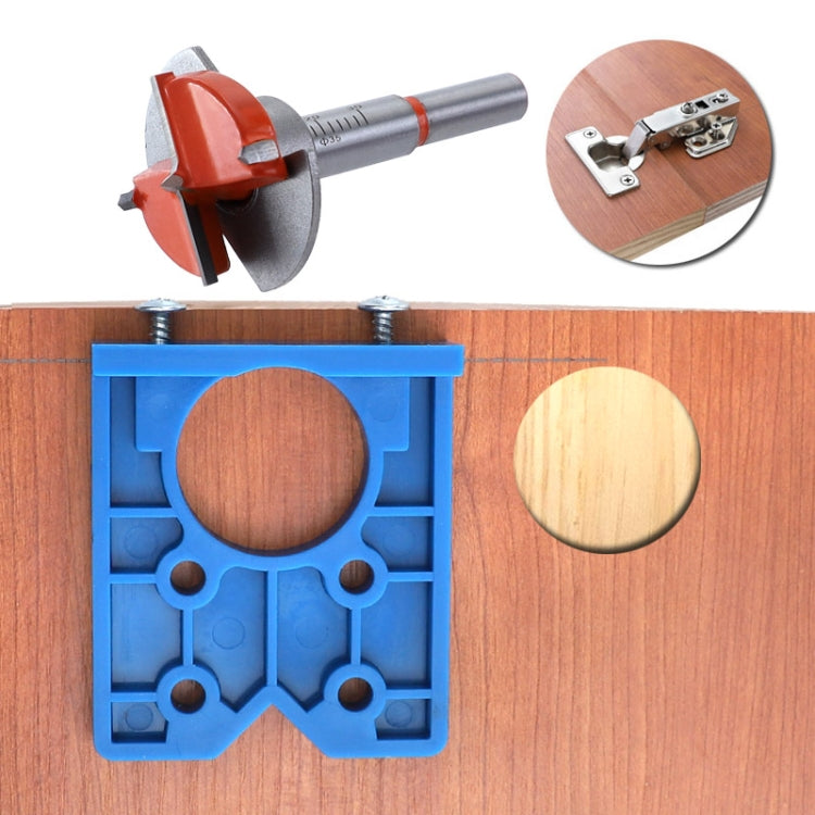 Hinge hole opener tool with orange bit and blue jig for 35mm hinge recess