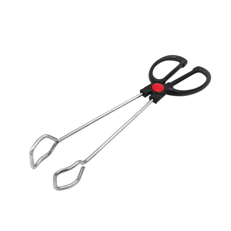 Stainless steel barbecue tongs with black plastic handle and red grip button