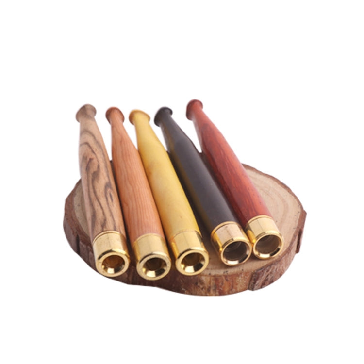 Assorted wood cigarette holders with gold-tone base rings on a cut wooden stand.
