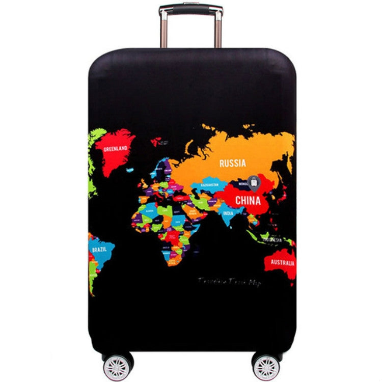Elastic suitcase dust cover, labeled world map print in bright multicolor with wheels
