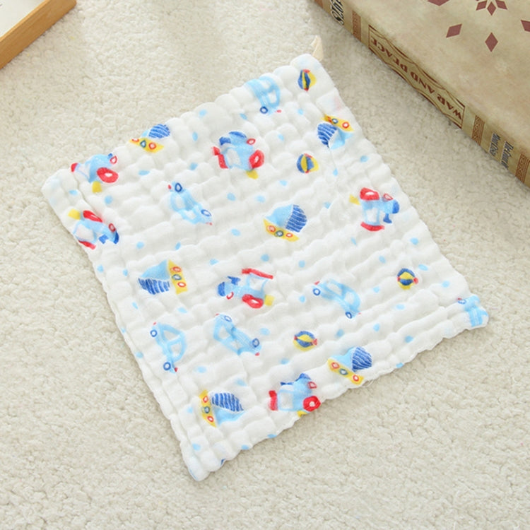 Cotton gauze saliva towel, folded white with blue animal carriage prints