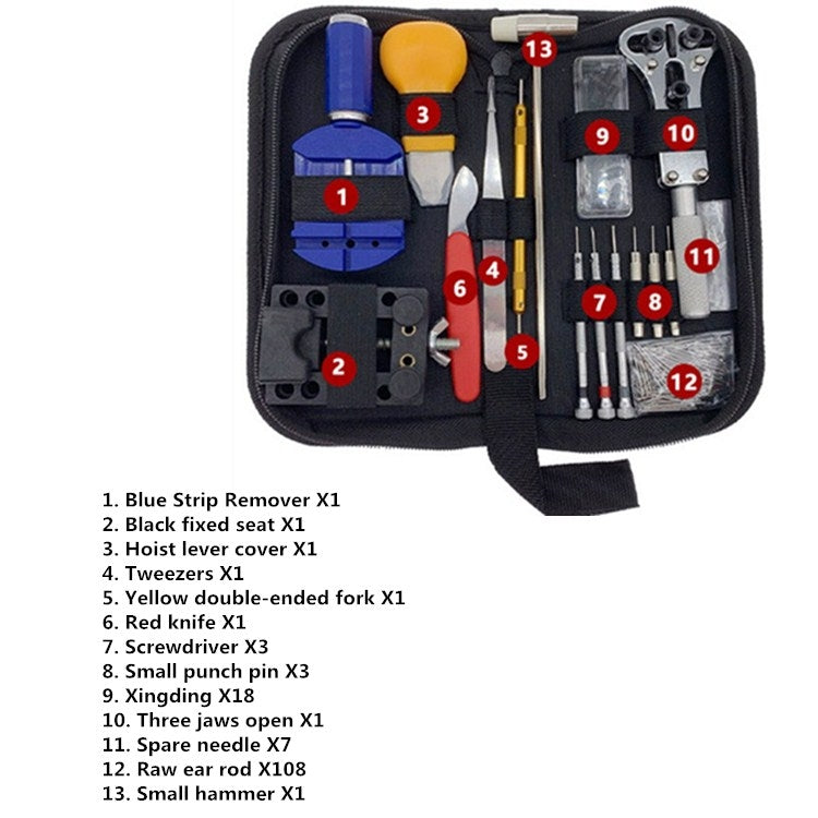 Watch repair kit with tools in black case plus numbered tool list
