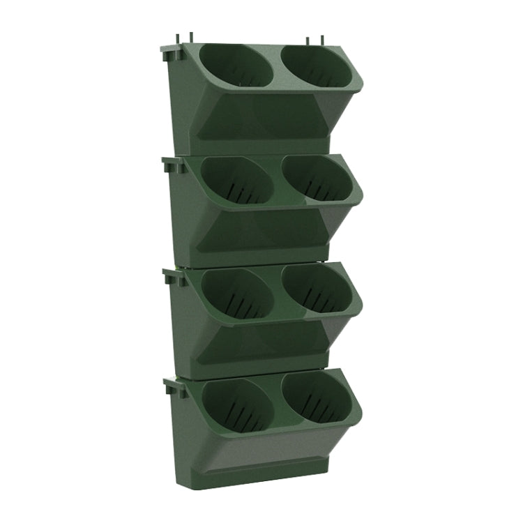 Dark green vertical wall planter box with four tiers and eight oval planting cups