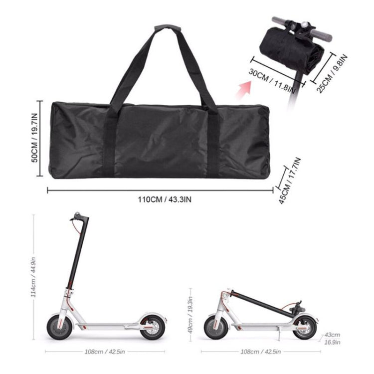 Waterproof dark gray scooter storage bag shown with size dimensions and carry handles.