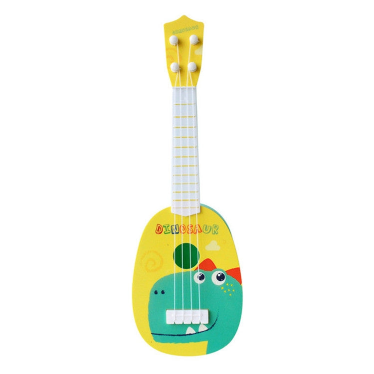 Yellow dinosaur mini ukulele toy with four strings and dinosaur face artwork.