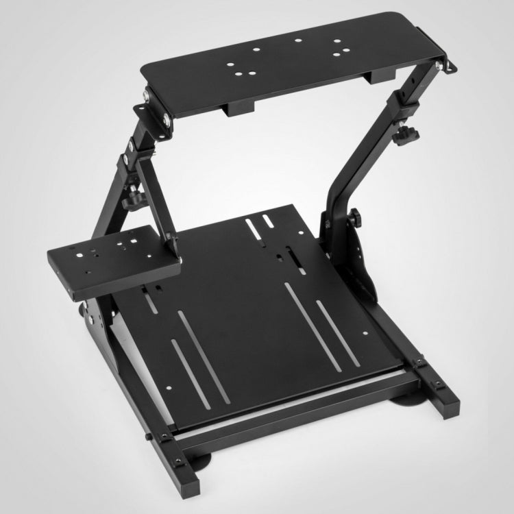Racing simulator steering wheel stand with top plate and slotted pedal platform
