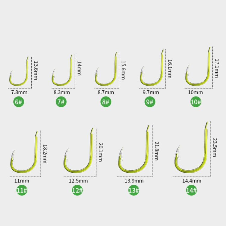 Assorted neon green hook sizes chart, 6# through 14# with measurements