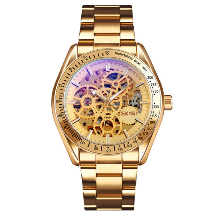 SKMEI men's automatic skeleton mechanical watch with gold-tone bracelet and light-gold dial