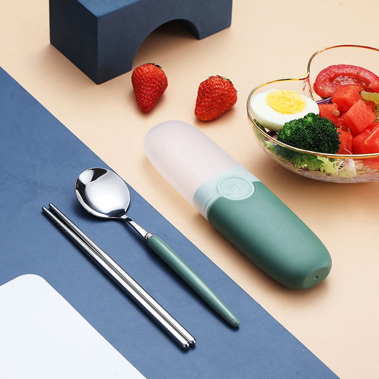 Stainless steel spoon and chopsticks set with green portable case and teal grips