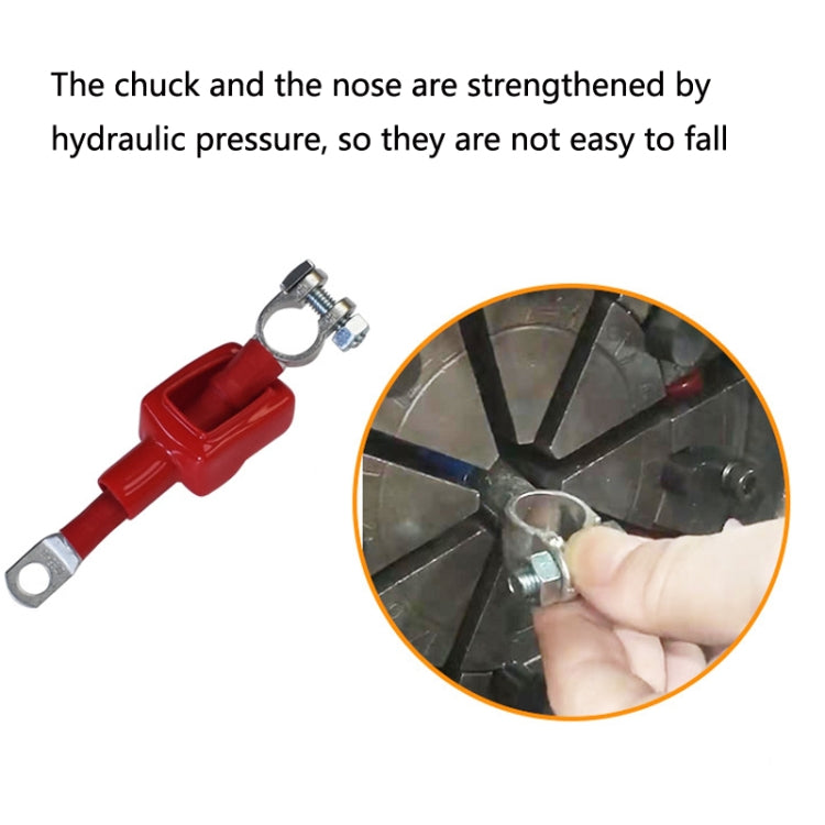 Car battery connection clamp with red insulated wire and reinforced metal ring end