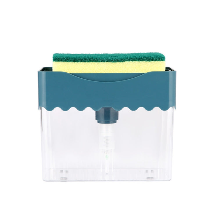 Dishwashing sponge soap dispenser box with blue holder, clear reservoir, green-yellow sponge