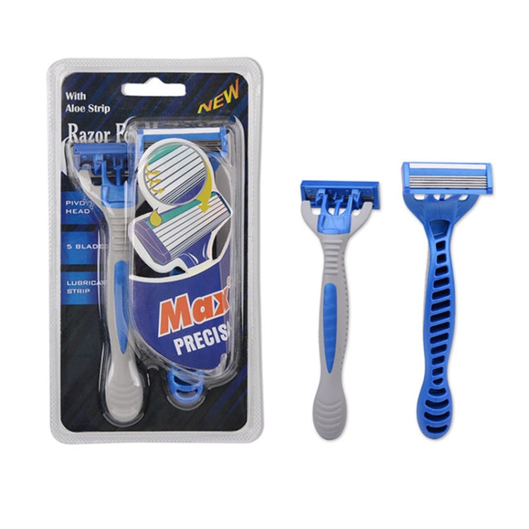 Disposable razor set with blue blade heads and gray ergonomic handles in blister pack