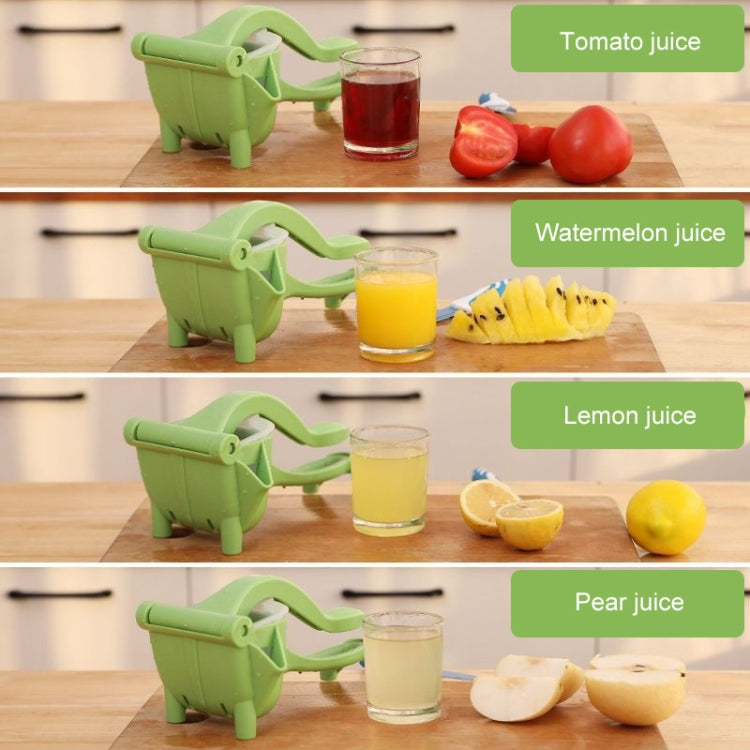 Green manual hand juicer with several juice cups and fruit pieces on counter