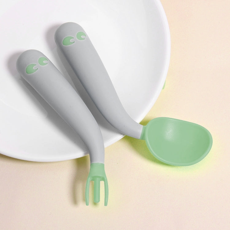 Baby learning-to-eat spoon and fork set with gray handles and green scoop