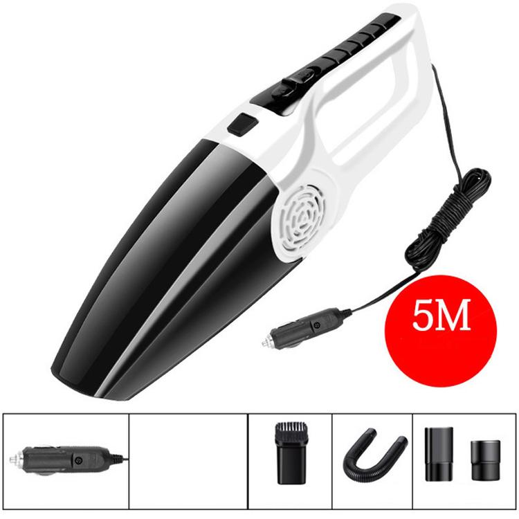 Handheld wired car vacuum cleaner, black and white, with 5m cord and nozzle attachments