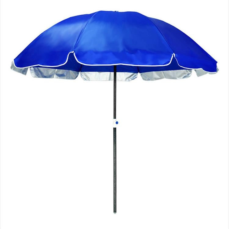 Double-layer blue patio sun umbrella with black pole and white fabric valance