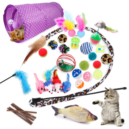 Cat play mat set with purple tunnel, feather wand, fish toy, and assorted hanging mice