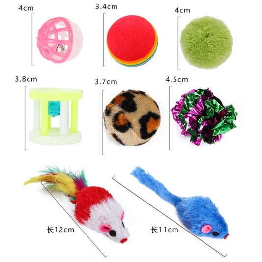 Assorted small cat toys: colorful balls, plush mice, pom pom, and a green pom sponge