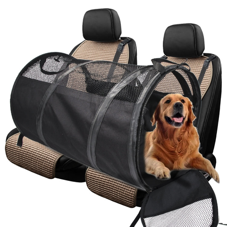 Pet car seat tent with mesh windows and straps, holding a dog in a rear seat
