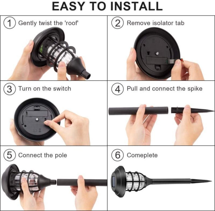 Solar LED garden light installation: hands connect pole and ground spike