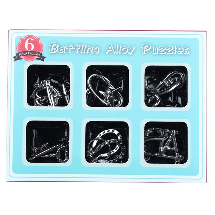 Retail box for 6 chrome alloy lock puzzle toys showing six puzzle designs