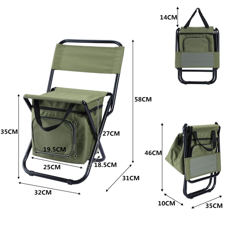 Olive folding chair with backrest and storage bag with size dimensions