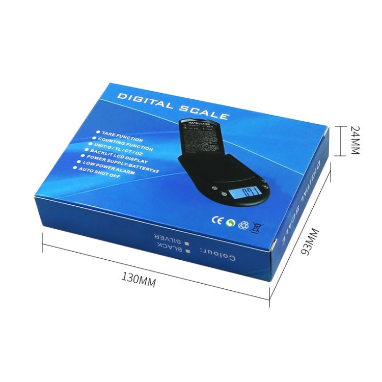 Digital scale retail box with product features text and scale size diagram
